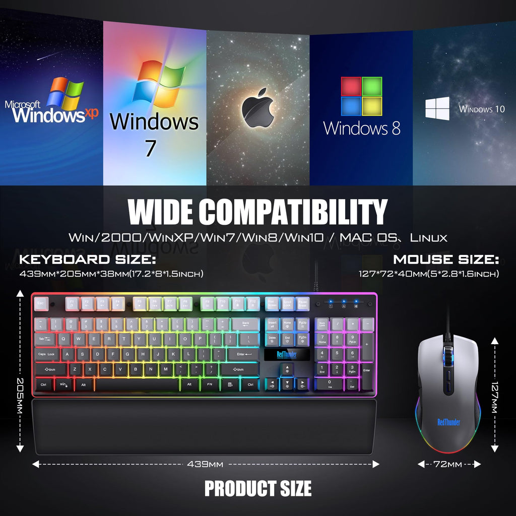 RedThunder K10 Gaming Keyboard & Mouse Combo – RGB Backlit, Wrist Rest, Anti-Ghosting, 7200 DPI