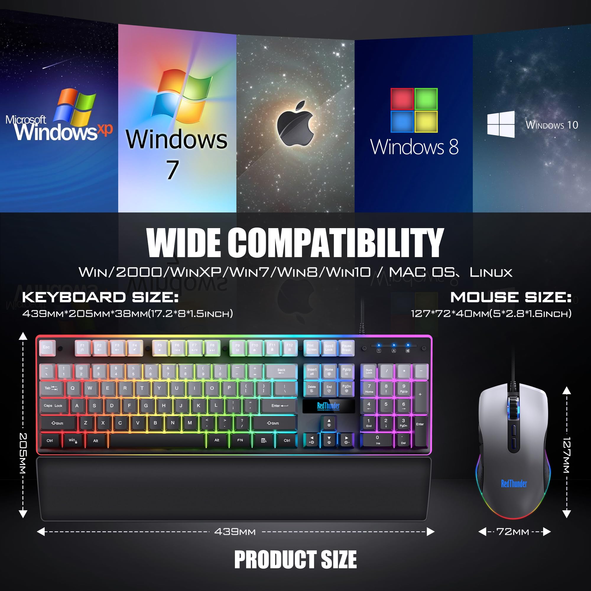 RedThunder K10 Gaming Keyboard & Mouse Combo – RGB Backlit, Wrist Rest, Anti-Ghosting, 7200 DPI