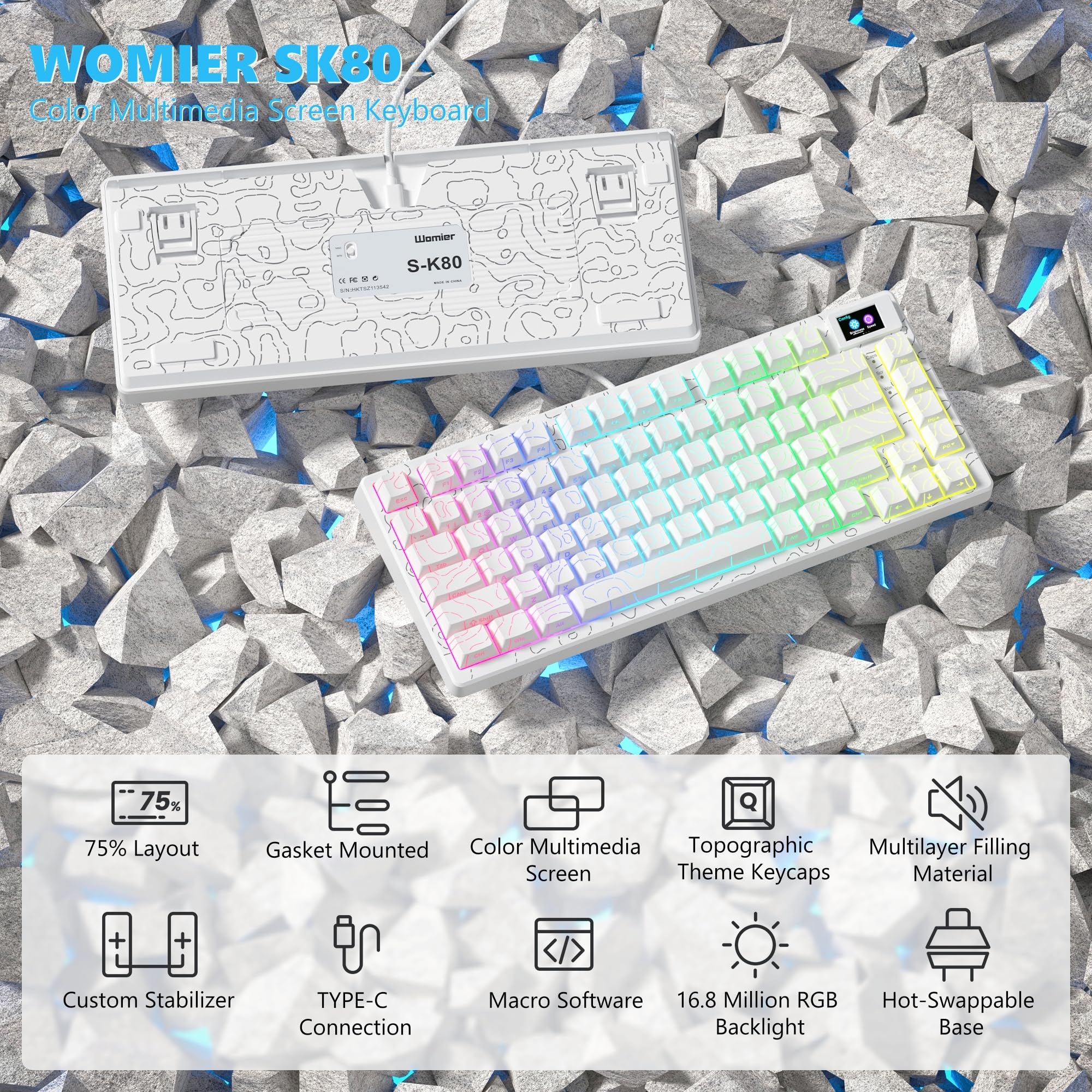 Womier SK80 75% Mechanical Gaming Keyboard – Color Display, Hot-Swap, RGB, Kanagawa Theme